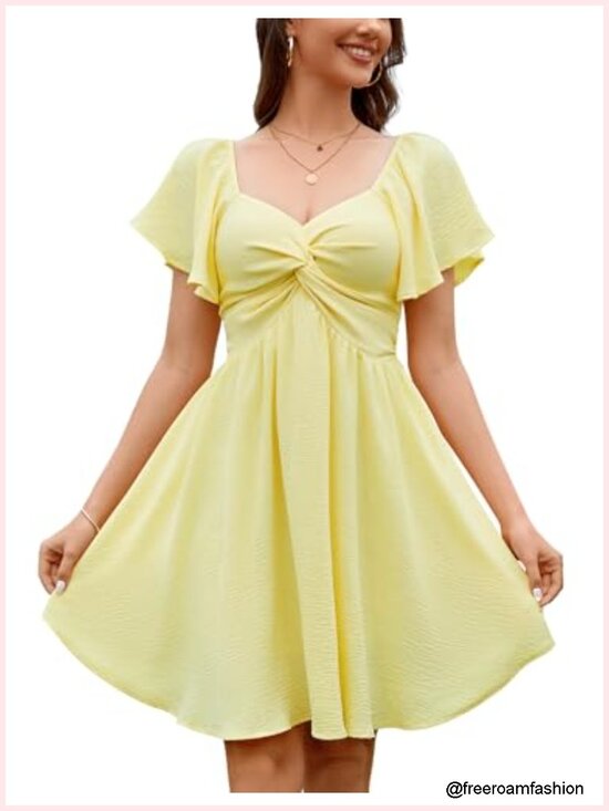 Dresses & Skirts - Sweetheart Knot Front Dress Flutter Sleeve Tie Back A-Line Mini Dress Chiffon